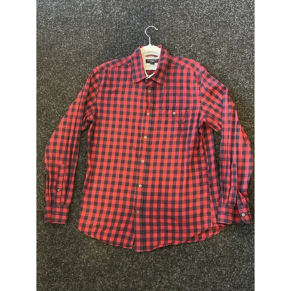 Banana Republic Mens M Plaid Red Black Cotton Button Down Long Sleeve Shirt